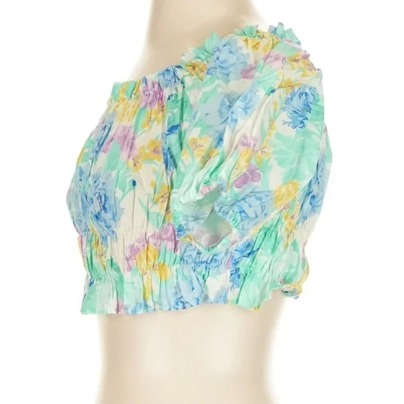 Zara Watercolor Floral Smocked Crop Top Puff Sleeve Off Shoulder Size S - Picture 4 of 5